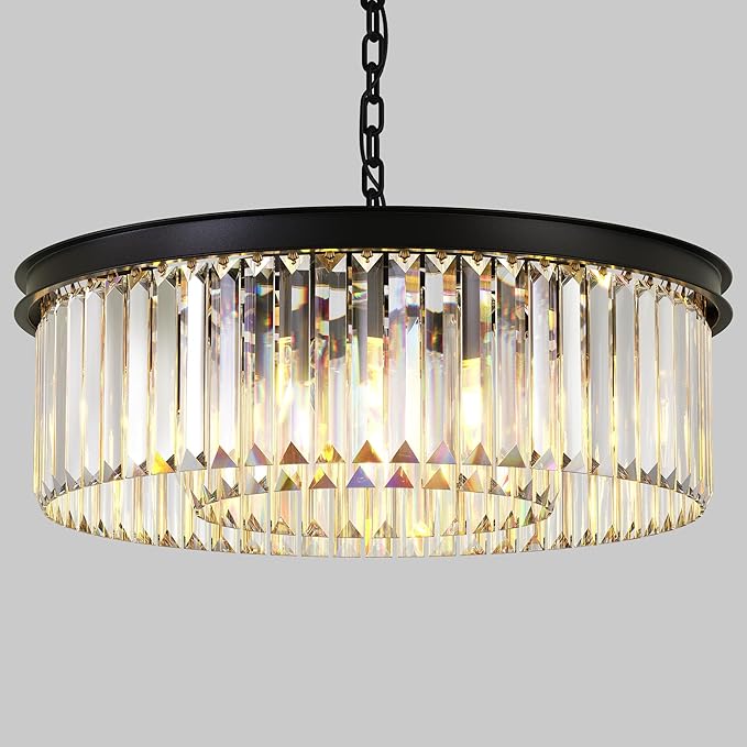 Modern Black Crystal Chandelier,2-Tier Round Pendant Ceiling Fixture with Height Adjustable Luxury Hanging Chandelier for Dining Room,Living Room,Entryway,Bedroom,Kitchen,and Foyer (Black Crystal-2)