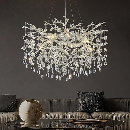 Modern Crystal Chandeliers for Dining Room, 24" Silver Tree Branch Chandelier 8 Lights Kitchen Island Lighting Round Hanging Pendant Light Fixtures Embossed Chandelier for Living Room Foyer