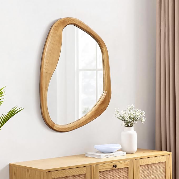 LuxenHome Irregular Oblong Wall Mirror,Accent with Natural Wood Frame,Rustic Bathroom Mirror,Vanity Makeup Mirror, Wall Mounted Mirror for Living Room,Entryway,Bedroom,Decorative Mirror