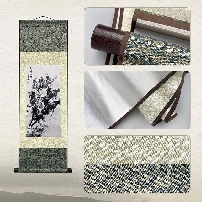 AtfArt Asian Wall Decor Beautiful Silk Scroll Painting Horse to Success - Win Instant Success Oriental Decor Chinese Art Wall Scroll Wall Hanging Painting Scroll (36.2 x 12 in)