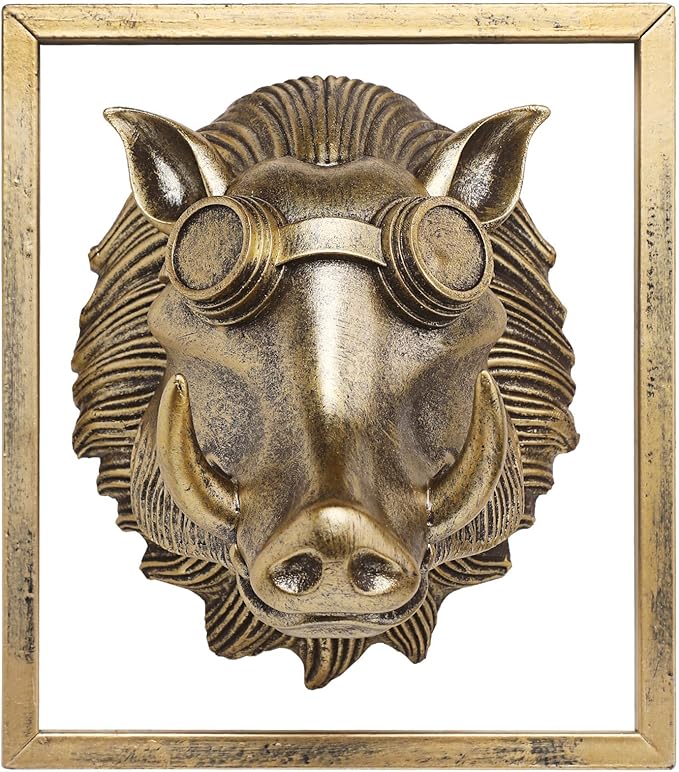 JJALIGHTS Exquisite Resin Animal Head Wall Sculpture (Gift Metal Frame) - Imitation Copper Vintage Decor for Living Room, Bedroom & Office | Decorative Wall Hanging Art (Warthog)
