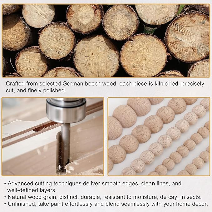 15-Pack 15.75" Unfinished Wood Beaded Trim - Easy to Paint, Cute Decorative Molding DIY Craft for Furniture Frame, Mirror Edge, Wall, Door, Closet, Dresser, Shelf