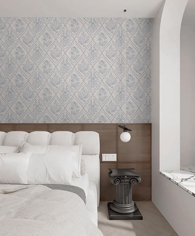 Kitico Peel and Stick Wallpaper Vintage Boho Wallpaper Blue and Beige Contact Paper Floral Removable Waterproof Wall Paper for Bathroom/Bedroom Self Adhesive for Cabinets Vinyl 17.3''x98.4''