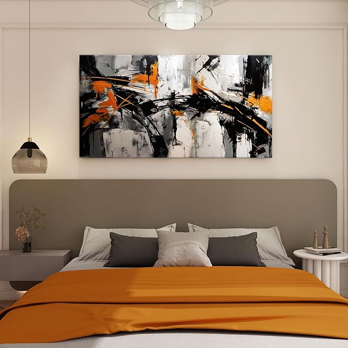 Black Abstract Canvas Wall Art Elegant and Modern Orange Wall Art for Living Room - Canvas Wall Decor for Office and Home - Large Framed Artwork for Walls , White, Gray and Unique Orange Accents 48×24in