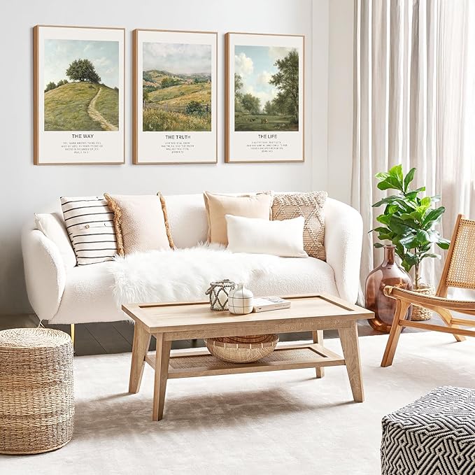 LHIUEM Christian Bible Verse Framed Canvas Wall Art,Vintage Jesus Wall Decor,Religious Scripture Landscape Painting,Natural The Way The Truth Artwork for Living Room,Bedroom,Dining Room -16"x24"x3