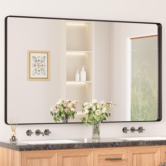 Keonjinn Black Bathroom Mirrors for Over Sink, 60” x 36” Large Matte Black Mirror for Wall, Rounded Rectangle Farmhouse Vanity Mirror, HD Tempered Glass Modern Decorative Mirror(Horizontal/Vertical)