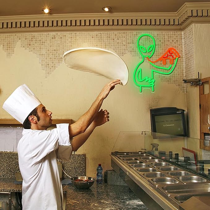 Alien Pizza Neon Sign Dimmable Cool Alien Neon Light Usb Powered Pizza Shop Light Up Sign Tasty Food Led Light Sign for Restaurant Party Bar Pub Man Cave Snack Shop Wall Decor(16.54*12.6 in)