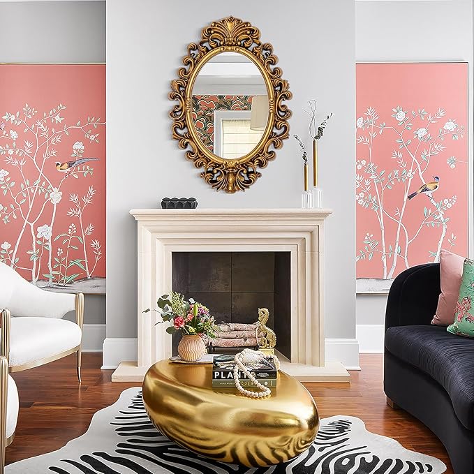 Antique Gold Oval Mirror, Decorative Mirrors with Baroque Framed, 29'' x 41'' Ornate Vinatge Gold Wall Mirror for Living Room Dining Room Bedroom Entryway Fireplace