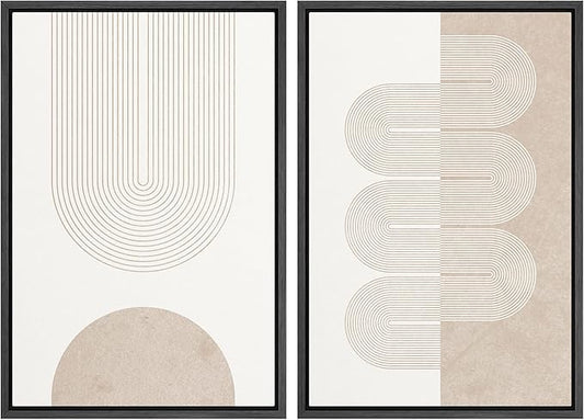MUDECOR Framed Canvas Print Wall Art Set Pastel Tan White Geometric Wave Ribbons Abstract Shapes Illustrations Modern Art Decorative Contemporary for Living Room, Bedroom, Office - 24"x36"x2 Black