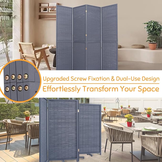 Bamboo Room Divider Folding Privacy Screens, Wall Divider for Room Separation, Portable Room Partitions and Dividers, 5.6FT Bamboo Mesh Woven Room Divider Panel (Grey, 4 Panel)