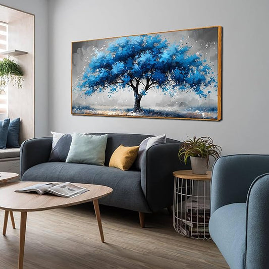 Ouzzlie Tree Wall Decor Light Blue Wall Art for Living Room Gray Painting Large Artwork 29" x 59"