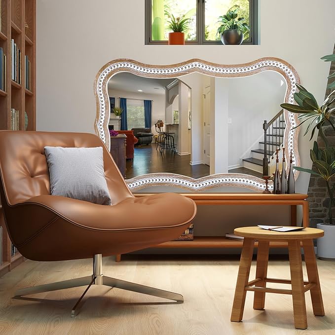 35" x 24" Rustic Farmhouse Mirror for Wall Decor, Wooden Beads Decorative Mirrors for Living Room, Bedroom, Hallway, Bathroom, Entryway - Vertical or Horizontal Hanging