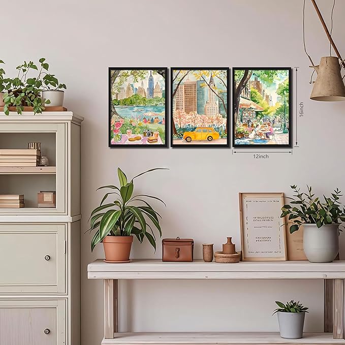 MUWAK Framed New York City Canvas Wall Art Set of 3 – Colorful NYC Skyline Central Park Yellow Taxi Posters, Modern Urban Landscape Wall Decor for Living Room Bedroom Office – 12x16in