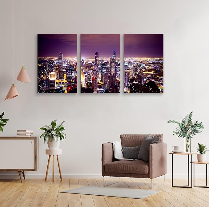 NAN Wind Large Modern City Chicago Skyline Pictures Cityscape Canvas Wall Art for Bedroom Downtown Poster Office Dining Room Wall Decor Wood Framed Night Scene Prints Paintings for Home Decorations