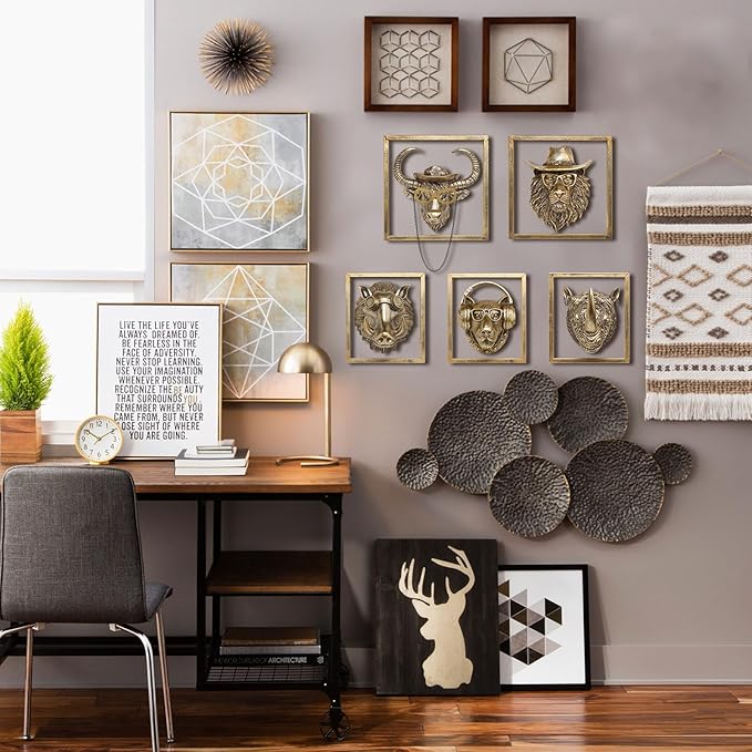 JJALIGHTS Exquisite Resin Animal Head Wall Sculpture (Gift Metal Frame) - Imitation Copper Vintage Decor for Living Room, Bedroom & Office | Decorative Wall Hanging Art