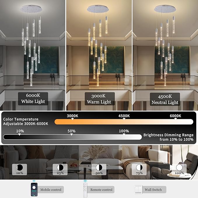 12-Lights High Ceiling Crystal Chandelier, Modern Large LED Raindrop Pendant Light Fixture 98.5" H Flush Mount Chandelier Chrome for Foyer Staircase Villa Living Room