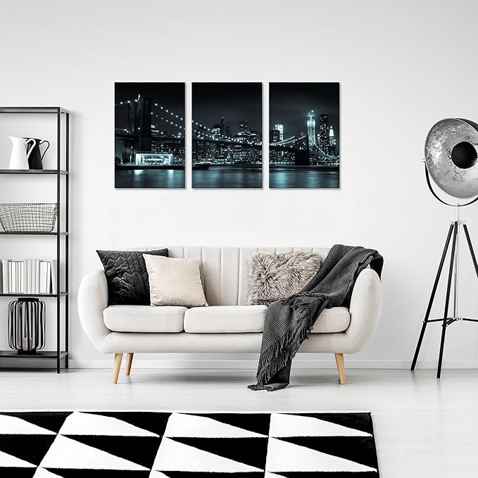 NAN Wind 3 Pcs Wall Art Brooklyn Bridge Black Canvas Art Paintings For Room Decor Manhattan Skyline Cityscape New York Skyscrapers Picture Prints On Canvas For Home Decor Modern Giclee Framed