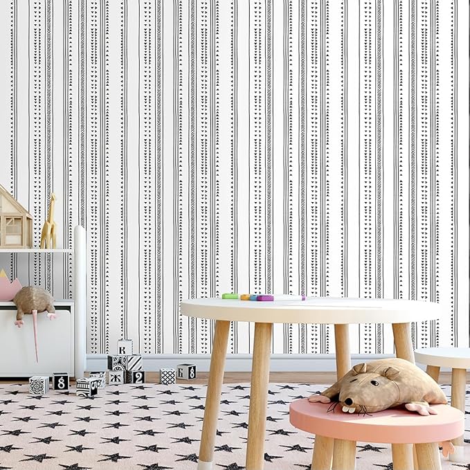 MulYeeh 17.5'' x 236'' Self-Adhesive Peel and Stick Paper Modern Arrow Trellis Black White Wallpaper Modern Triangle Removable Wall Covering Prepasted Decorative