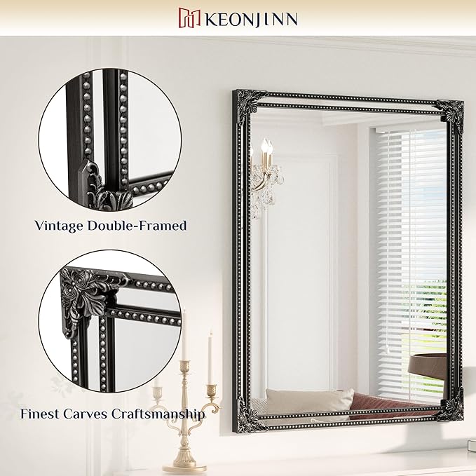 Keonjin Black Vintage Mirror 24 x 36 Inch, Antique Mirrors Rectangle, Traditional Mantel Decoration, Baroque Style Wall Decor for Hallway, Fireplace, Entryway, Living Room, Anti-Rust, Waterproof