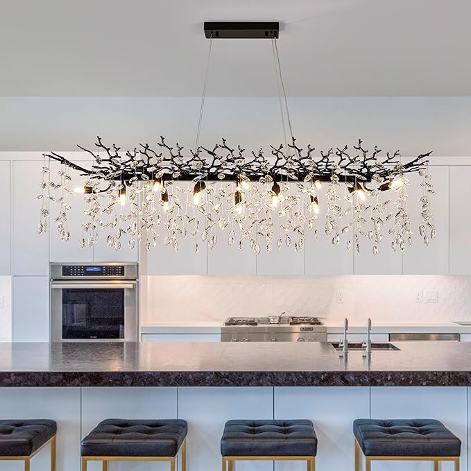 Modern Tree Branch Chandelier for Dining Room, 16 Lights Rectangular 59" Crystal Black Chandeliers for Kitchen Island Dining Room Living Room
