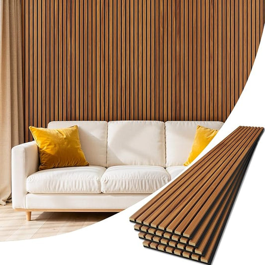 4 Pack Wood Panels for Wall, 94.4" x 12.6" Acoustic Wood Slat Wall Panel for Interior Decor & Noise Reduction, Soundproof Panel, Sound Absorbing 3D Textured Panels - Teak