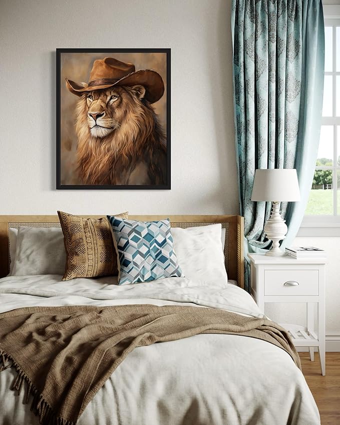 Lion Cowboy Art Print Poster Wall Art, Western Country Farmhouse Wild West for Bedroom, Bathroom, Living Room Art Decor 58 (Lion, 8 x 10 inches, Black Frame)