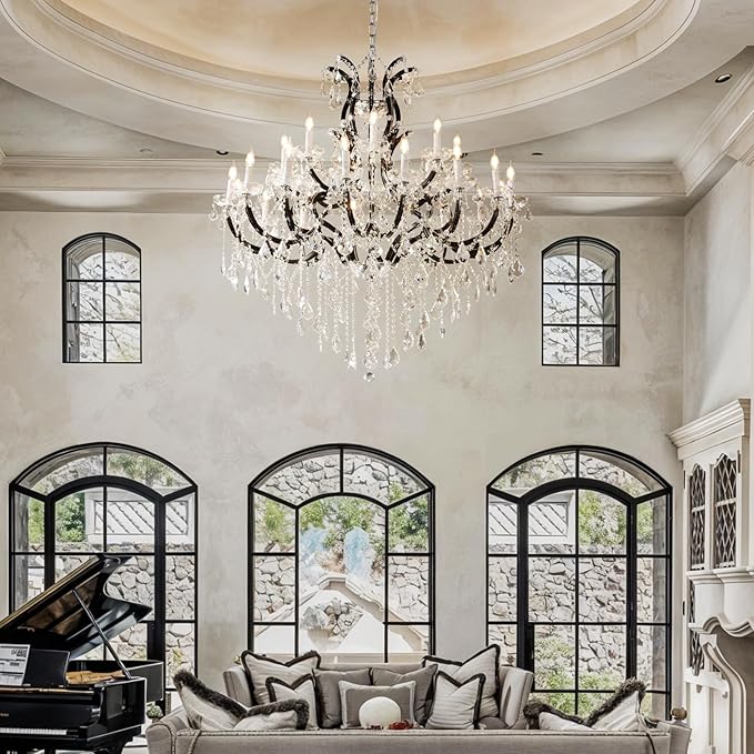 Black Large K9 Crystal Chandelier 18-Lighting Maria Theresa Chandeliers Luxury Modern High Ceiling Candle Chandelier Pendant Light Fixture 41" for Living Room, Dining, Foyer, Staircase, Entryway