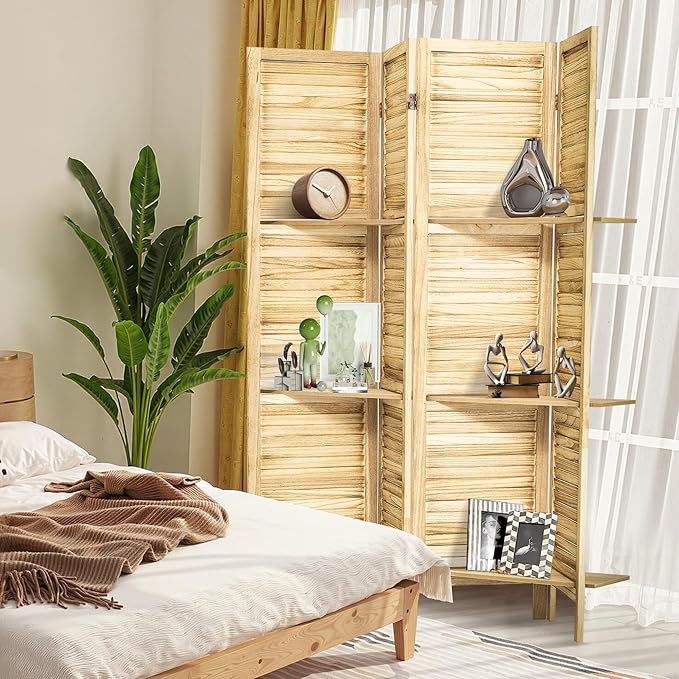 4 Panel Room Divider 5.6FT Louvered Design Room Dividers with Display Shelves Folding Privacy Screens Portable Freestanding Partition Wall Dividers for Bedroom & Office, Natural Wood