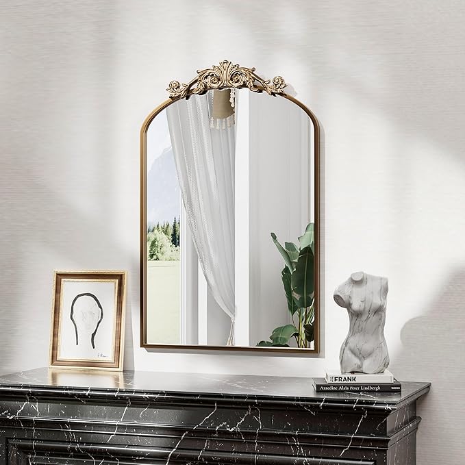 Antique Arched Wall Mirror, 22"x30" Vintage Gold Bathroom Mirror - Baroque Metal Frame Brass Mirror for Living Room, Bathroom, Fireplace, Entryway, Bronze