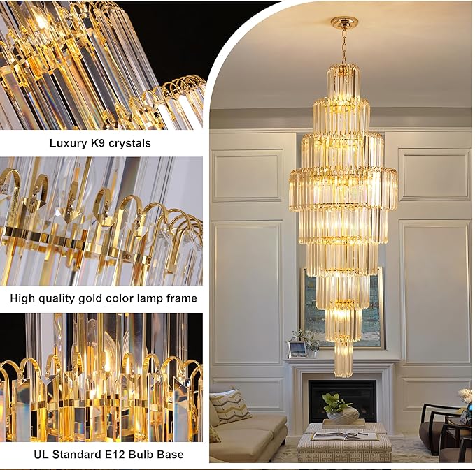 Luxury Modern Staircase Crystal Chandeliers Long 9-Tier Large Foyer Entrance Chandeliers for High Ceiling Light Fixture for Stairse Entryway Dia 23.7" - 20 Lights Gold