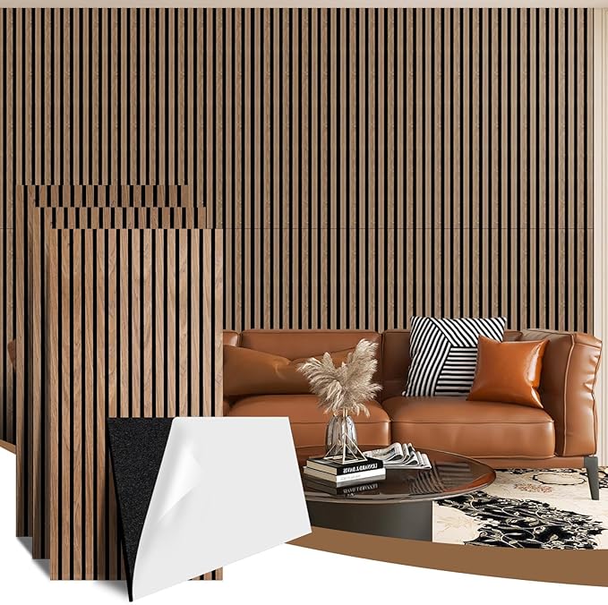 AKK-PANE 4 PCS Self-Adhesive Acoustic Wood Slat Wall Panels, 47.2" x 23.6" - 31.0ft² for Interior Wall Decor, Wall Panels Peel and Stick, Wall Wood Panels for Office Studio Bedroom Living Room(Walnut)