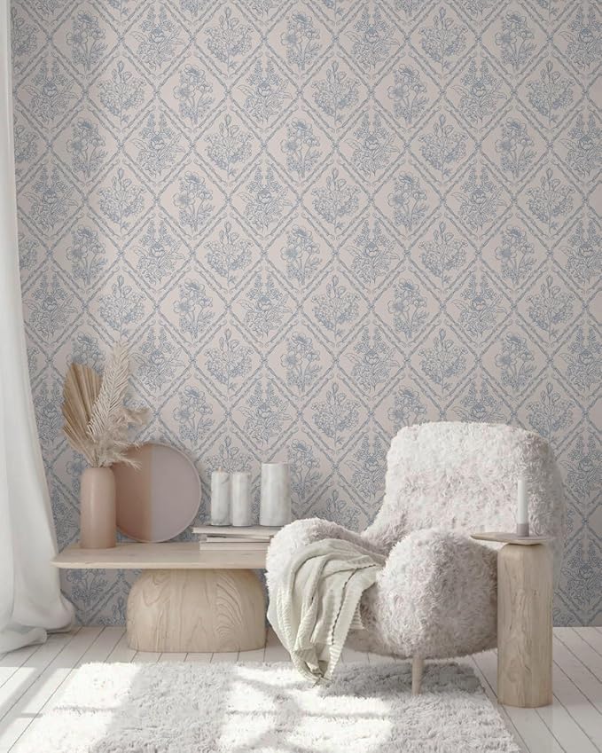 Kitico Peel and Stick Wallpaper Vintage Boho Wallpaper Blue and Beige Contact Paper Floral Removable Waterproof Wall Paper for Bathroom/Bedroom Self Adhesive for Cabinets Vinyl 17.3''x98.4''