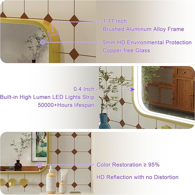 30x36 Inch Gold LED Bathroom Mirror with Lights, Adjustable 300K/4500K/6000K, Wall Mounted Framed Lighted Bathroom Vanity Mirrors, Anti-Fog, Memory, Stepless Dimmable, Horizontal/Vertical