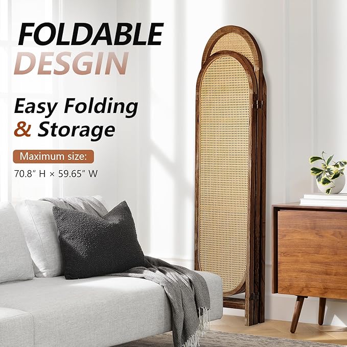 5.9 Ft Tall Hand-Woven Rattan Room Divider 3 Panels, Wood Room Divider Panel, Folding Screen Divider Wall, Wall Divider for Room Separation, Folding Privacy Screen, Home Office - Brown