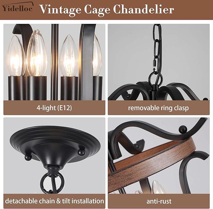 Black Farmhouse Chandelier 4 Lights, Vintage Cage Chandeliers E12 Base Ceiling Light Fixtures Semi Flush Mount Lantern Pendant Light for Dining Room Entryway Hallway Foyer Kitchen