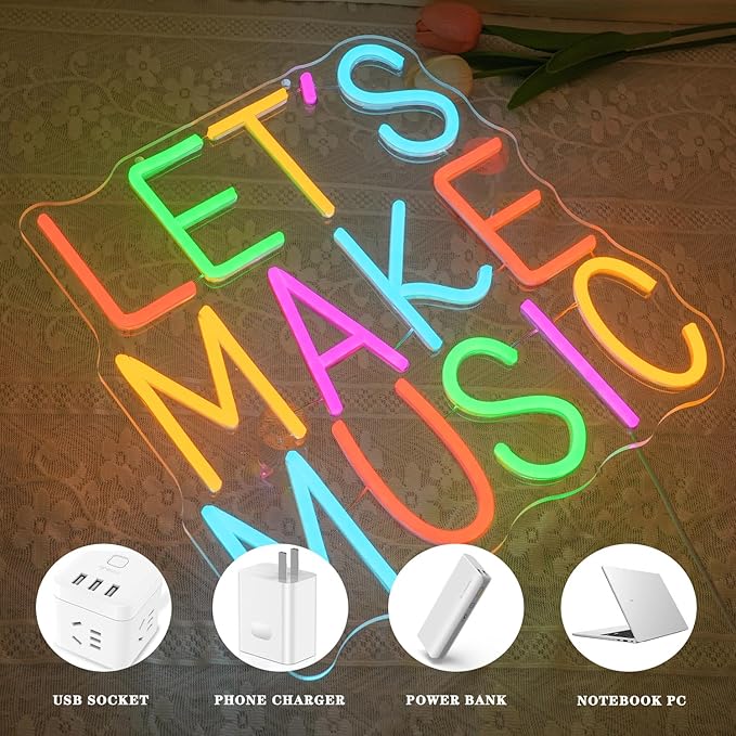 Let's Make Music Neon Sign Music Neon Light for Wall Decor Colorful Letter Led Neon Signs Classoom Led Neon Lights for Recording Studio Decoration