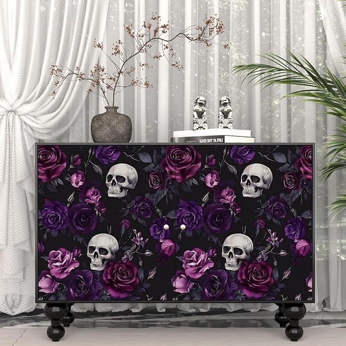 Black Floral Wallpaper Peel and Stick 17.4" x 118" Gothic Floral Vintage Sugar Skull Contact Paper Removable Self Adhesive Waterproof Covering for Cabinet Drawers Home Decor