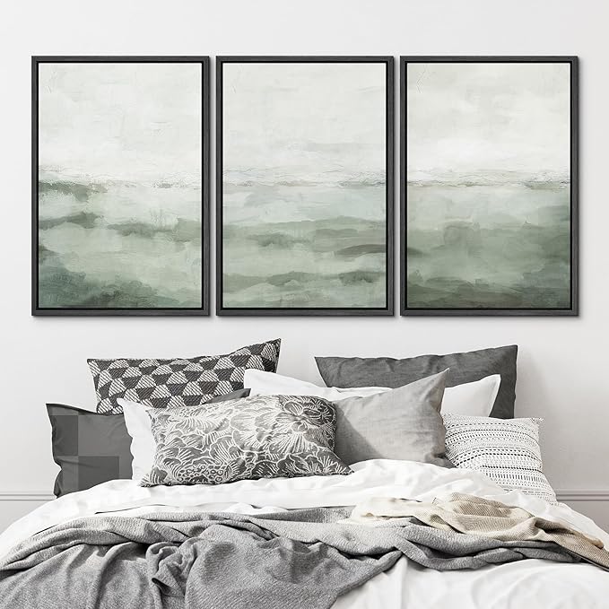 MUDECOR Framed Canvas Print Wall Art Sage Green Abstract Prints Minimalist Modern Wall Art Decor for Bedroom - 16"x24"x3 Black