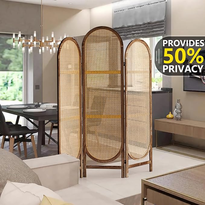 5.9 Ft Tall Hand-Woven Rattan Room Divider 3 Panels, Wood Room Divider Panel, Folding Screen Divider Wall, Wall Divider for Room Separation, Folding Privacy Screen, Home Office - Brown