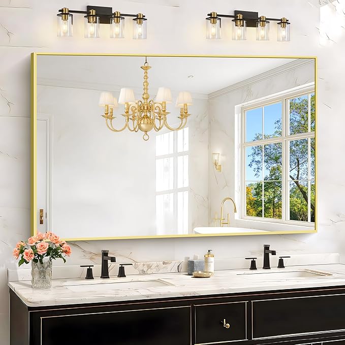 KOCUUY Large Gold Bathroom Mirror, 55x36 inch Rectangular Mirror for Bathroom Sink, Oversized Wall Mirror with Metal Gold Frame for Living Room, Farmhouse, Entryway, Hang Horizontal/Vertical