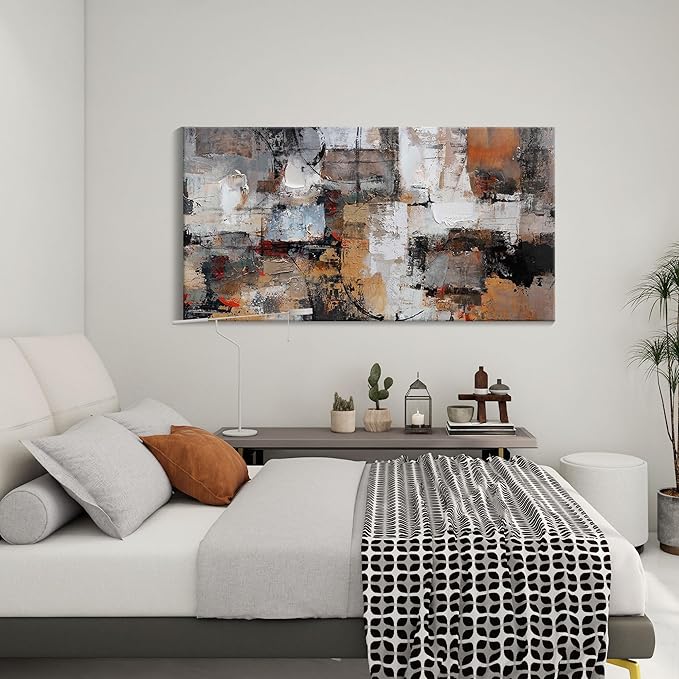 Abstract Canvas Wall Art - Modern Minimalist Wall Painting - Brown Decorations - Framed Wall Art for Bedroom, Office - Artwork Wall Decor - Brown Bedroom Wall Decor Above BedAbstract Canvas Wall Art 24×48IN