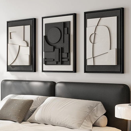 3D Textured Framed Black and White Abstract Wall Art for Bedroom, 3 Piece Modern Paintings Artwork for Walls, Minimalist Black White Geometric Pictures for Living Room, Dining Room Wall Decor 16x24 In