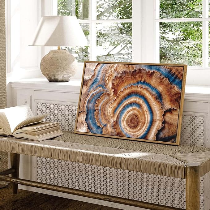 BingruiArt Framed Tree Ring Canvas Wall Art Abstract Wood Wall Decor Boho Modern Colorful Nature Painting Wood Stump Prints Pictures for Living Room Bedroom Bathroom Office 16"x24" Natural Framed(10)
