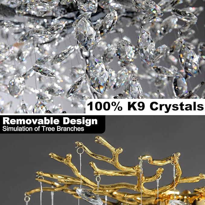47'' Long Crystal Chandelier for High Ceiling, 25-Light Modern Gold Tree Branch Chandelier, Large Chandeliers for Staircase Foyer Entryway Living Room, 4-Tier Luxury K9 Raindrop Light Fixture- Upgrade