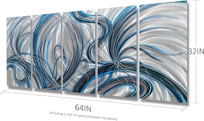 BATRENDY ARTS Large Silver Metal Wall Art Handmade Contemporary Abstract Lines Blue and Black Home Decor Painting for Bedroom