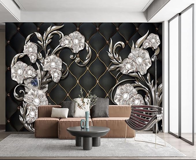 Black Hard Wrapped Pearl Embossed Flowers Wall Mural Wallpaper for Bedroom 178" x 117"