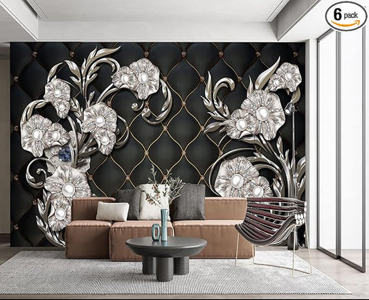 Black Hard Wrapped Pearl Embossed Flowers Wall Mural Wallpaper for Bedroom 137" x 100"