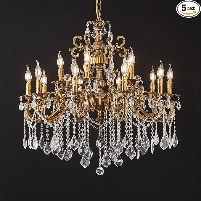 15 Light Classic Vintage Crystal Candle Chandeliers for Living Room Dining Room Foyer Entryway Antique Gold Finish