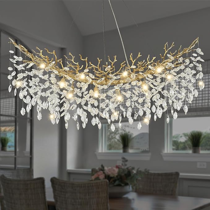 Modern Crystal Chandelier for Dining Room, 47" Gold Tree Branches Chandeliers 14 Lights Large Rectangular Chandeliers for High Ceilings Hanging Lights Fixture Master Bedroom Chandelier