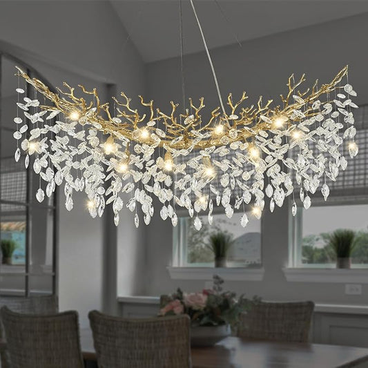 Modern Crystal Chandelier for Dining Room, 47" Gold Tree Branches Chandeliers 14 Lights Large Rectangular Chandeliers for High Ceilings Hanging Lights Fixture Master Bedroom Chandelier